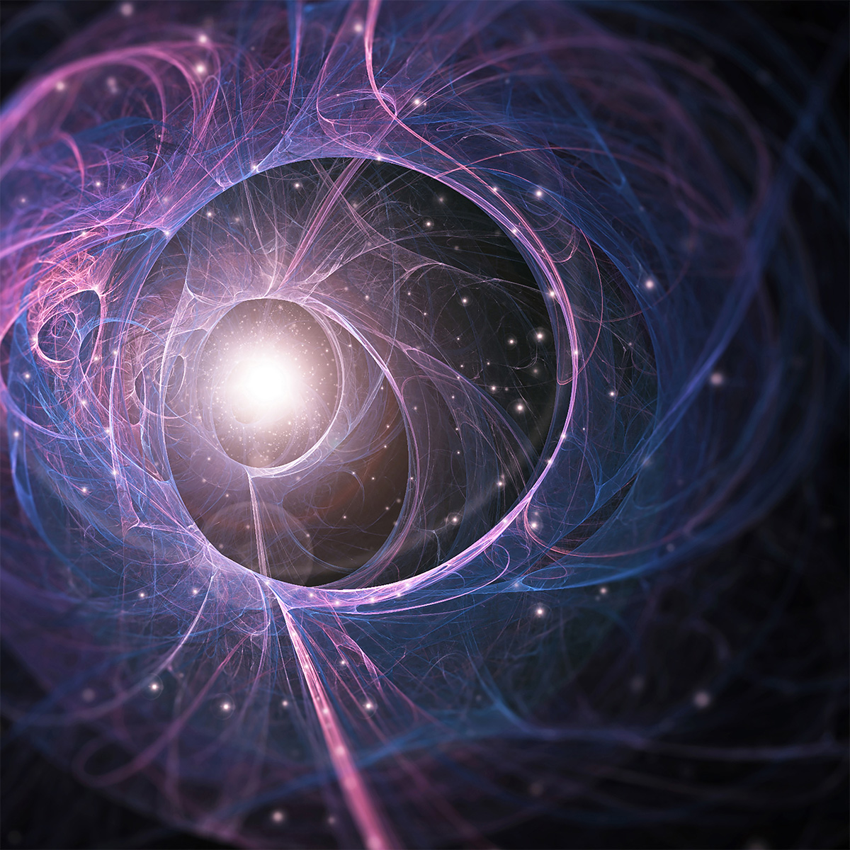 Space inspired image with purple and pink pulse lines going in a circle, on a dark background